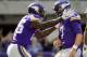 MINNEAPOLIS, MN - OCTOBER 22: Latavius Murray #25 and Case Keenum #7 of the Minnesota Vikings celebrate a touchdown against the Baltimore Ravens during the game on October 22, 2017 at US Bank Stadium in Minneapolis, Minnesota. (Photo by Hannah Foslien/Get