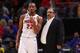 DETROIT, MI - NOVEMBER 08: Head coach Stan Van Gundy of the Detroit Pistons talks to Avery Bradley #22 during action against the Indiana Pacers at Little Caesars Arena on November 9, 2017 in Detroit, Michigan. Detroit won the game 114-97. NOTE TO USER: U