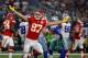 ARLINGTON, TX - NOVEMBER 05: Travis Kelce #87 of the Kansas City Chiefs celebrates the third quarter touchdown against the Dallas Cowboys in a football game at AT&T Stadium on November 5, 2017 in Arlington, Texas. (Photo by Ron Jenkins/Getty Images)