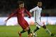 Portugal's midfielder Bernardo Silva (L) vies with Saudi Arabia's midfielder Abdullah Otayf during the international friendly football match Portugal against Saudi Arabia at the Fontelo stadium in Viseu on November 10, 2017. / AFP PHOTO / FRANCISCO LEONG
