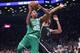 NEW YORK, NY - NOVEMBER 14: Al Horford #42 of the Boston Celtics shoots the ball against Jarrett Allen #31 of the Brooklyn Nets during the first half of the NBA game at Barclays Center on November 14, 2017 in the Brooklyn Borough of New York City. NOTE T