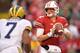 MADISON, WI - NOVEMBER 18: Alex Hornibrook #12 of the Wisconsin Badgers drops back to pass during a game against the Michigan Wolverines at Camp Randall Stadium on November 18, 2017 in Madison, Wisconsin. Wisconsin defeated Michigan 24-10. (Photo by St