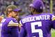 MINNEAPOLIS, MN - NOVEMBER 19: Case Keenum #7 of the Minnesota Vikings with Teddy Bridgewater #5 on the sidelines in the fourth quarter of the game against the Los Angeles Rams on November 19, 2017 at U.S. Bank Stadium in Minneapolis, Minnesota. (Photo by