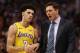 PHOENIX, AZ - OCTOBER 20: Lonzo Ball #2 and head coach Luke Walton of the Los Angeles Lakers talk during the first half of the NBA game against the Phoenix Suns at Talking Stick Resort Arena on October 20, 2017 in Phoenix, Arizona. The Lakers defeated th