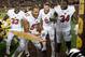 MINNEAPOLIS, MN - NOVEMBER 25: Leon Jacobs #32, Garret Dooley #5, Chikwe Obasih #34 of the Wisconsin Badgers cheer on teammate Alec James #57 as he pretends to chop down the goal post with Paul Bunyan's Axe after defeating the Minnesota Golden Gophers in
