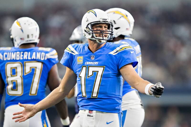 ARLINGTON, TX - NOVEMBER 23: Philip Rivers #17 of the Los Angeles Chargers questions a referee during a game against the Dallas Cowboys at AT&T Stadium on November 23, 2017 in Arlington, Texas. The Chargers defeated the Cowboys 28-6. (Photo by Wesley H