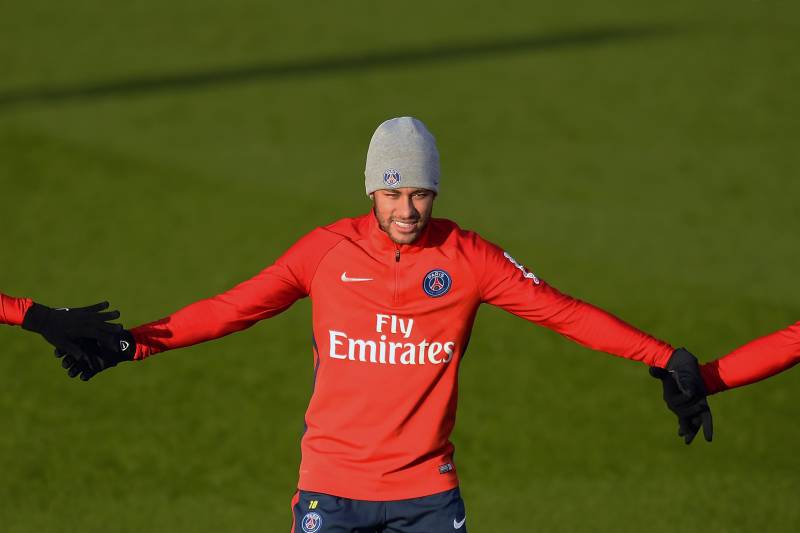 PARIS, FRANCE - NOVEMBER 28:  Neymar Jr reacts during a Paris Saint-Germain training session at Centre Ooredoo on November 28, 2017 in Paris, France.  (Photo by Aurelien Meunier/Getty Images)