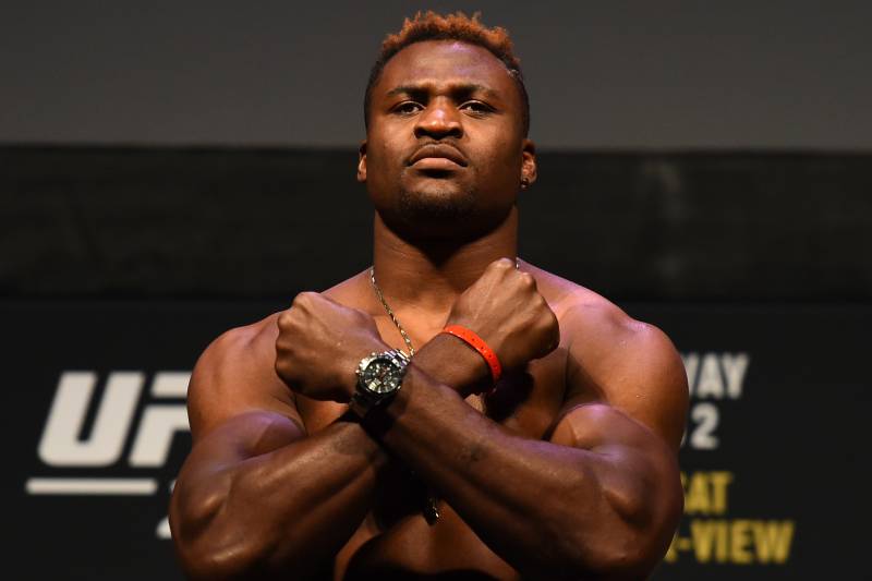 DETROIT, MI - DECEMBER 01: Francis Ngannou of Cameroon poses on the scale during the UFC 218 weigh-in inside Little Caesars Arena on December 1, 2017 in Detroit, Michigan. (Photo by Josh Hedges/Zuffa LLC/Zuffa LLC via Getty Images)