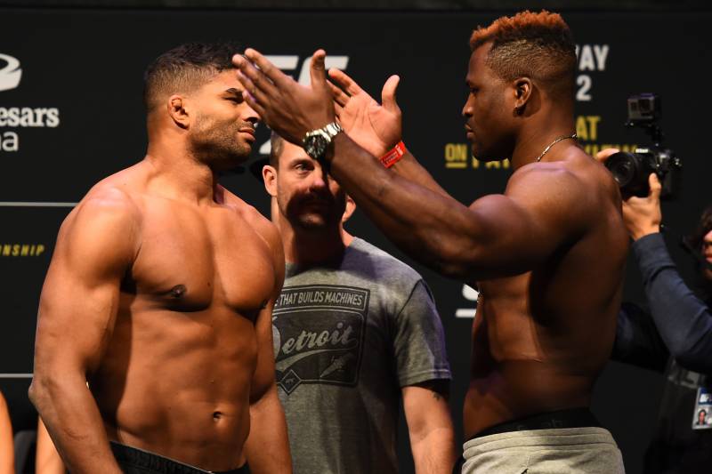 DETROIT, MI - DECEMBER 01: (L-R) Alistair Overeem of The Netherlands and Francis Ngannou of Cameroon face off during the UFC 218 weigh-in inside Little Caesars Arena on December 1, 2017 in Detroit, Michigan. (Photo by Josh Hedges/Zuffa LLC/Zuffa LLC via 