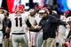 ATLANTA, GA - December 2: head coach Kirby Smart of the Georgia Bulldogs celebrates with Jake Fromm # 11 after a touchdown during the second half against Auburn Tigers in the SEC Championship at Mercedes-Benz Stadium on December 2, 2017 in Atlanta, Georgia