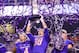 BOISE, ID - DECEMBER 2: Linebacker Leighton Vander Esch #38 and quarterback Brett Rypien #4 of the Boise State Broncos hoist the championship trophy at the conclusion of the Mountain West Championship game against the Fresno State Bulldogs on December 2,