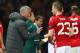 MANCHESTER, ENGLAND - APRIL 20: Jose Mourinho manager of Manchester United gives Luke Shaw of Manchester United instructions during the UEFA Europa League quarter final second leg match between Manchester United and RSC Anderlecht at Old Trafford on Apri