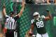 EAST RUTHERFORD, NJ - OCTOBER 15: Austin Seferian-Jenkins #88 of the New York Jets celebrates a scoring a touchdown against the New England Patriots during the first quarter of their game at MetLife Stadium on October 15, 2017 in East Rutherford, New Jer