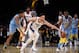 LOS ANGELES, CA - NOVEMBER 15: Ben Simmons #25 of the Philadelphia 76ers steals the ball from Brandon Ingram #14 of the Los Angeles Lakers as teammate Julius Randle #30 reaches for the ball during the second half at Staples Center November 15, 2017, in Lo