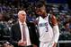 DALLAS, TX - OCTOBER 25: Rick Carlisle and Nerlens Noel #3 of the Dallas Mavericks talk during the game against the Memphis Grizzlies on October 25, 2017 at the American Airlines Center in Dallas, Texas. NOTE TO USER: User expressly acknowledges and agre