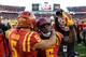 AMES, IA - OCTOBER 28: Defensive back Kamari Cotton-Moya #5, right, celebrates with wide receiver Allen Lazard #5 of the Iowa State Cyclones after defeating the TCU Horned Frogs at Jack Trice Stadium on October 28, 2017 in Ames, Iowa. The Iowa State Cyclo