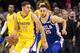 Lonzo Ball (left) with fellow rookie Ben Simmons defending