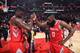 HOUSTON, TX - NOVEMBER 9: James Harden #13 and Clint Capela #15 of the Houston Rockets high five after the game against the Cleveland Cavaliers on NOVEMBER 9, 2017 at the Toyota Center in Houston, Texas. NOTE TO USER: User expressly acknowledges and agre