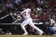 PHOENIX, AZ - OCTOBER 09: JD Martinez #28 of the Arizona Diamondbacks follows through on a swing during game three of the National League Divisional Series against the Los Angeles Dodgers at Chase Field on October 9, 2017 in Phoenix, Arizona. (Photo by