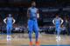 OKLAHOMA CITY, OK- OCTOBER 19: Paul George #13 shoots a foul shot while Carmelo Anthony #7 and Russell Westbrook #0 of the Oklahoma City Thunder look during the game against the New York Knicks on October 19, 2017 at Chesapeake Energy Arena in Oklahoma C