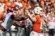 DALLAS, TX - OCTOBER 14: Ogbonnia Okoronkwo #31 of the Oklahoma Sooners forces a fumble by Sam Ehlinger #11 of the Texas Longhorns in the first quarter at Cotton Bowl on October 14, 2017 in Dallas, Texas. (Photo by Richard W. Rodriguez/Getty Images)