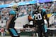 JACKSONVILLE, FL - DECEMBER 03: Jalen Ramsey #20 and A.J. Bouye #21 of the Jacksonville Jaguars celebrate after Ramsey had an interception in the first half of their game against the Indianapolis Colts at EverBank Field on December 3, 2017 in Jacksonvill