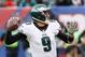 EAST RUTHERFORD, NJ - DECEMBER 17: Quarterback Nick Foles #9 of the Philadelphia Eagles throws a pass in an NFL football game against the New York Giants on December 17, 2017 at MetLife Stadium in East Rutherford, New Jersey. Eagles won 34-29. (Photo by