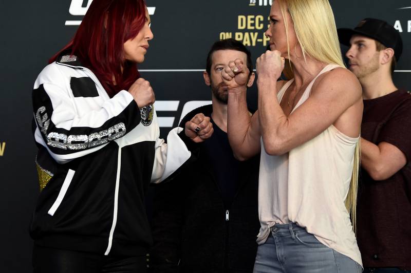 LAS VEGAS, NV - DECEMBER 28: (L-R) UFC women's featherweight champion Cris Cyborg of Brazil and challenger Holly Holm face off for the media during the UFC 219 Ultimate Media Day inside T-Mobile Arena on December 28, 2017 in Las Vegas, Nevada. (Photo by 