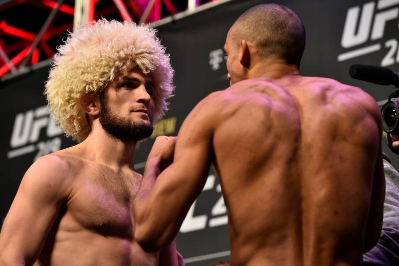 LAS VEGAS, NV - DECEMBER 29: (L-R) Khabib Nurmagomedov of Russia and Edson Barboza of Brazil face off during the UFC 219 weigh-in inside T-Mobile Arena on December 29, 2017 in Las Vegas, Nevada. (Photo by Brandon Magnus/Zuffa LLC/Zuffa LLC via Getty Imag