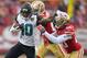 SANTA CLARA, CA - DECEMBER 24: Jaelen Strong #10 of the Jacksonville Jaguars attempts to fight off the tackle of Don Jones #20 of the San Francisco 49ers during their NFL football game at Levi's Stadium on December 24, 2017 in Santa Clara, California. (