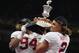 NEW ORLEANS, LA - JANUARY 01: Jalen Hurts #2 of the Alabama Crimson Tide and Da'Ron Payne #94 celebrate with the trophy after the AllState Sugar Bowl against the Clemson Tigers at the Mercedes-Benz Superdome on January 1, 2018 in New Orleans, Louisiana.