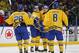 BUFFALO, NY - DECEMBER 28: Alexander Nylander #19 of Sweden celebrates with teammates after scoring a goal in the third period against Czech Republic during the IIHF World Junior Championship at KeyBank Center on December 28, 2017 in Buffalo, New York. Sw