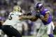 MINNEAPOLIS, MN - SEPTEMBER 11: Senio Kelemete #65 of the New Orleans Saints blocks Danielle Hunter #99 of the Minnesota Vikings during the game on September 11, 2017 at U.S. Bank Stadium in Minneapolis, Minnesota. The Vikings defeated the Saints 29-19. (