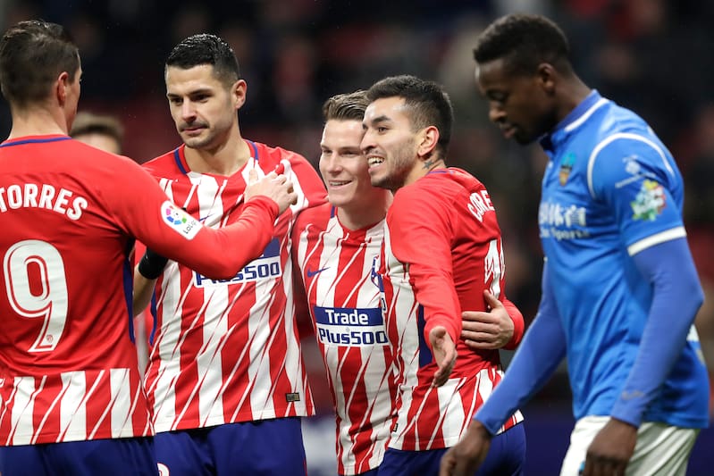 , SPAIN - JANUARY 9: Kevin Cameiro of Atletico Madrid celebrates 2-0 with Fernando Torres of Atletico Madrid, Angel Correa of Atletico Madrid during the Spanish Copa del Rey match between Atletico Madrid v Lleida on January 9, 2018 (Photo by Laurens Lin