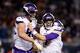 CHICAGO, IL - OCTOBER 09: Kyle Rudolph #82 and quarterback Case Keenum #7 of the Minnesota Vikings celebrate after Rudolph scored against the Chicago Bears in the third quarter at Soldier Field on October 9, 2017 in Chicago, Illinois. (Photo by Joe Rob