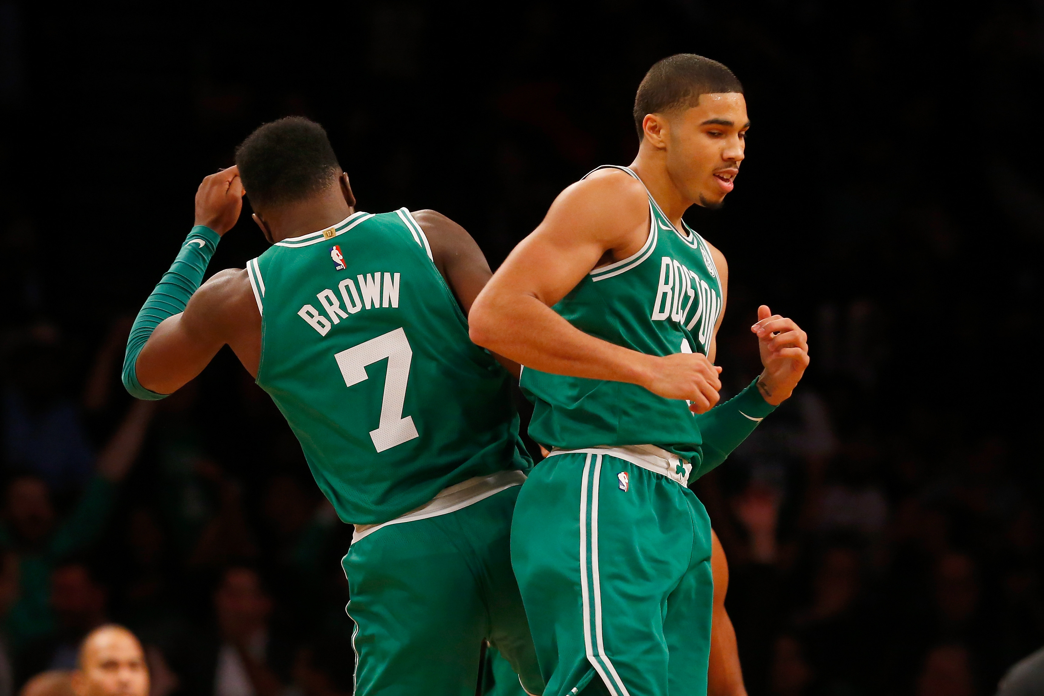 BROOKLYN, NY - NOVEMBER 14: (NEW YORK DAILIES OUT) Jayson Tatum #0 and Jaylen Brown #7 of the Boston Celtics in action against the Brooklyn Nets at Barclays Center on November 14, 2017 in the Brooklyn borough of New York City. The Celtics defeated the