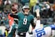 PHILADELPHIA, PA - DECEMBER 31: Quarterback Nick Foles #9 of the Philadelphia Eagles looks ot pass against defensive end Demarcus Lawrence #90 of the Dallas Cowboys during the first quarter of the game at Lincoln Financial Field on December 31, 2017 in P