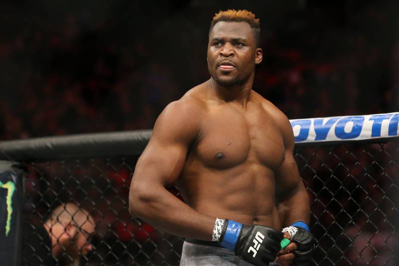DETROIT, MI - DECEMBER 2: Francis Ngannou celebrates after his bout against Alistair Overeem during the UFC 218 event at Little Caesars Arena on December 2, 2017 in Detroit, Michigan. (Photo by Rey Del Rio/Zuffa LLC via Getty Images)
