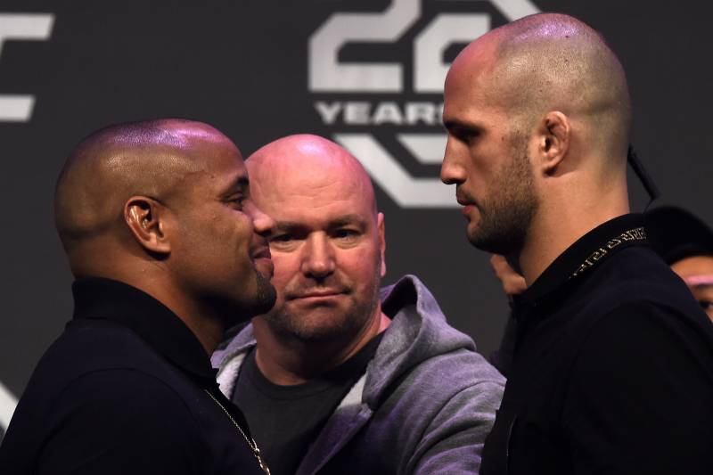 LAS VEGAS, NV - DECEMBER 29: (L-R) Opponents Daniel Cormier and Volkan Oezdemir face off during the UFC 220 press conference inside T-Mobile Arena on December 29, 2017 in Las Vegas, Nevada. (Photo by Jeff Bottari/Zuffa LLC/Zuffa LLC via Getty Images)