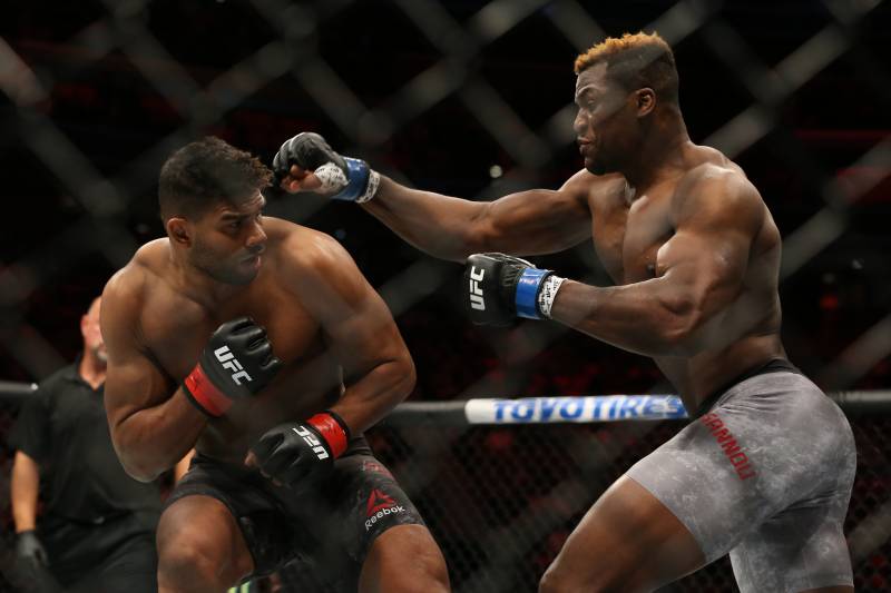 DETROIT, MI - DECEMBER 2: Francis Ngannou (R) punches Alistair Overeem during the UFC 218 event at Little Caesars Arena on December 2, 2017 in Detroit, Michigan. (Photo by Rey Del Rio/Zuffa LLC via Getty Images)