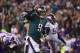 PHILADELPHIA, PA - JANUARY 21: Nick Foles #9 of the Philadelphia Eagles celebrates a first quarter touchdown against the Minnesota Vikings in the NFC Championship game at Lincoln Financial Field on January 21, 2018 in Philadelphia, Pennsylvania. (Photo