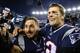 FOXBOROUGH, MA - JANUARY 21: Tom Brady #12 of the New England Patriots celebrates with Danny Amendola #80 after winning the AFC Championship Game against the Jacksonville Jaguars at Gillette Stadium on January 21, 2018 in Foxborough, Massachusetts. (Pho