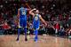 CHICAGO, IL - JANUARY 17: Kevin Durant #35 and Stephen Curry #30 of the Golden State Warriors react during game against the Chicago Bulls on January 17, 2018 at the United Center in Chicago, Illinois. NOTE TO USER: User expressly acknowledges and agrees t