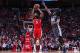 HOUSTON, TX - JANUARY 20: James Harden #13 of the Houston Rockets shoots the ball during the game against the Golden State Warriors on January 20, 2018 at the Toyota Center in Houston, Texas. NOTE TO USER: User expressly acknowledges and agrees that, by d