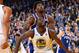 OAKLAND, CA - NOVEMBER 11: Draymond Green #23 of the Golden State Warriors boxes out Joel Embiid #21 of the Philadelphia 76ers on November 11, 2017 at ORACLE Arena in Oakland, California. NOTE TO USER: User expressly acknowledges and agrees that, by down