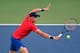 WINSTON-SALEM, NC - AUGUST 25: Kyle Edmunds of Great Britain returns a shot to Damir Dzumhur of Bosnia and Herzegovina during their semifinals match in the Winston-Salem Open at Wake Forest University on August 25, 2017 in Winston-Salem, North Carolina.