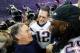 HOUSTON, TX - FEBRUARY 05: Head coach Bill Belichick, Tom Brady #12 and LeGarrette Blount #29 of the New England Patriots celebrate after defeating the Atlanta Falcons during Super Bowl 51 at NRG Stadium on February 5, 2017 in Houston, Texas. The Patriot