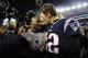 FOXBOROUGH, MA - JANUARY 21: Tom Brady #12 of the New England Patriots celebrates with James Harrison #92 after winning the AFC Championship Game against the Jacksonville Jaguars at Gillette Stadium on January 21, 2018 in Foxborough, Massachusetts. (Pho