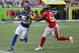 ORLANDO, FL - JANUARY 28: Terrell Suggs #55 of the Baltimore Ravens pushes Kyle Rudolph #82 of the Minnesota Vikings out of bounds during the NFL Pro Bowl between the AFC and NFC at Camping World Stadium on January 28, 2018 in Orlando, Florida. (Photo by