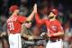 WASHINGTON, DC - JULY 30: Bryce Harper #34 of the Washington Nationals celebrates a win with Max Scherzer #31 after game two of a doubleheader against the Colorado Rockies at Nationals Park on July 30, 2017 in Washington, DC. (Photo by Mitchell Layton/G